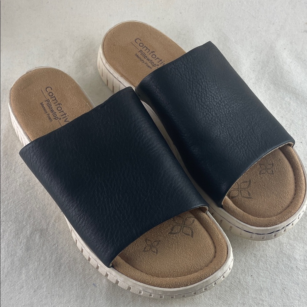 Comfortiva Pillowtop Memory Foam Leather Black Sandals Size 9